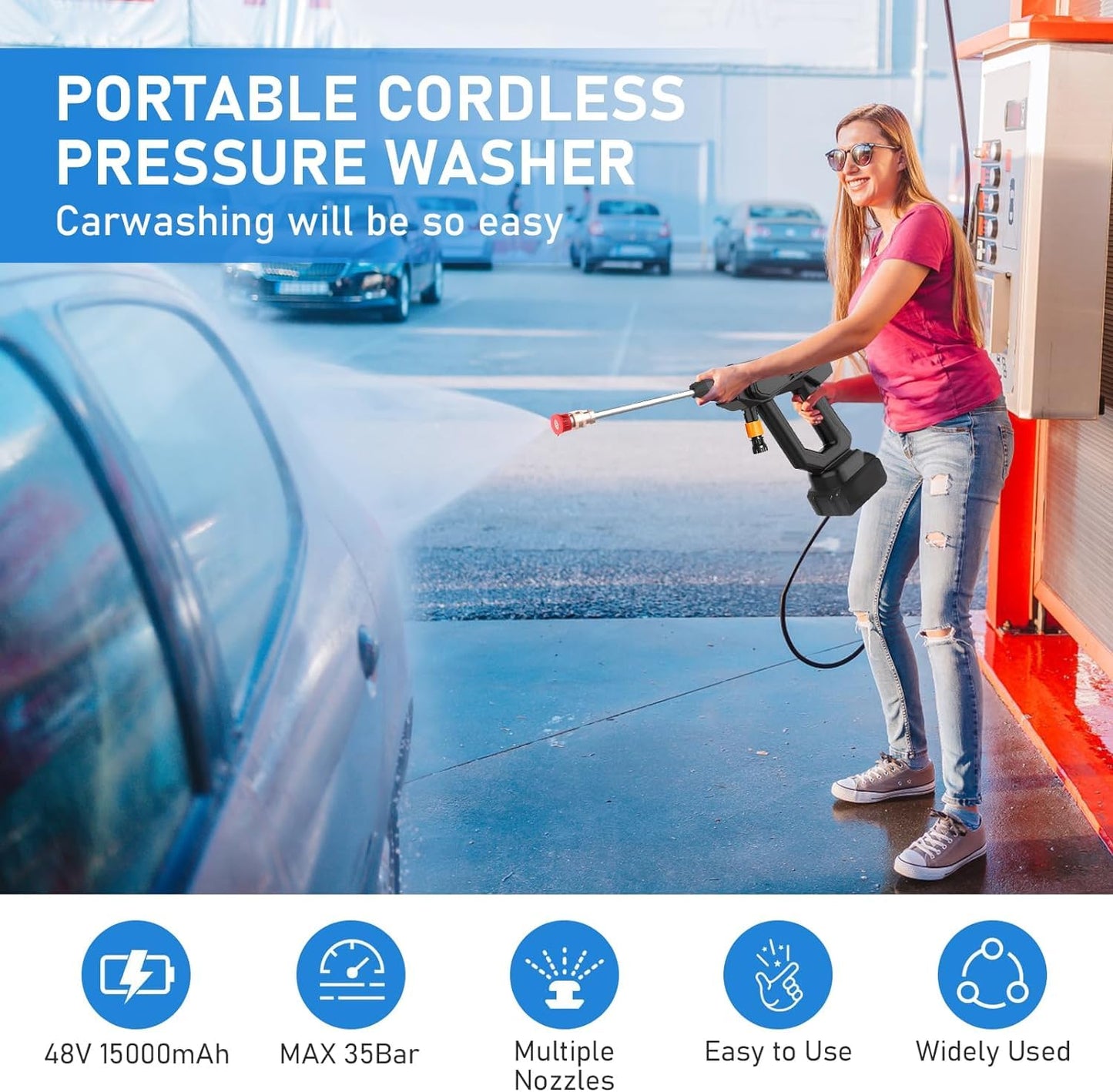 48V Cordless High-Pressure Car Washer with 5M Hose & Multi-Function Nozzle