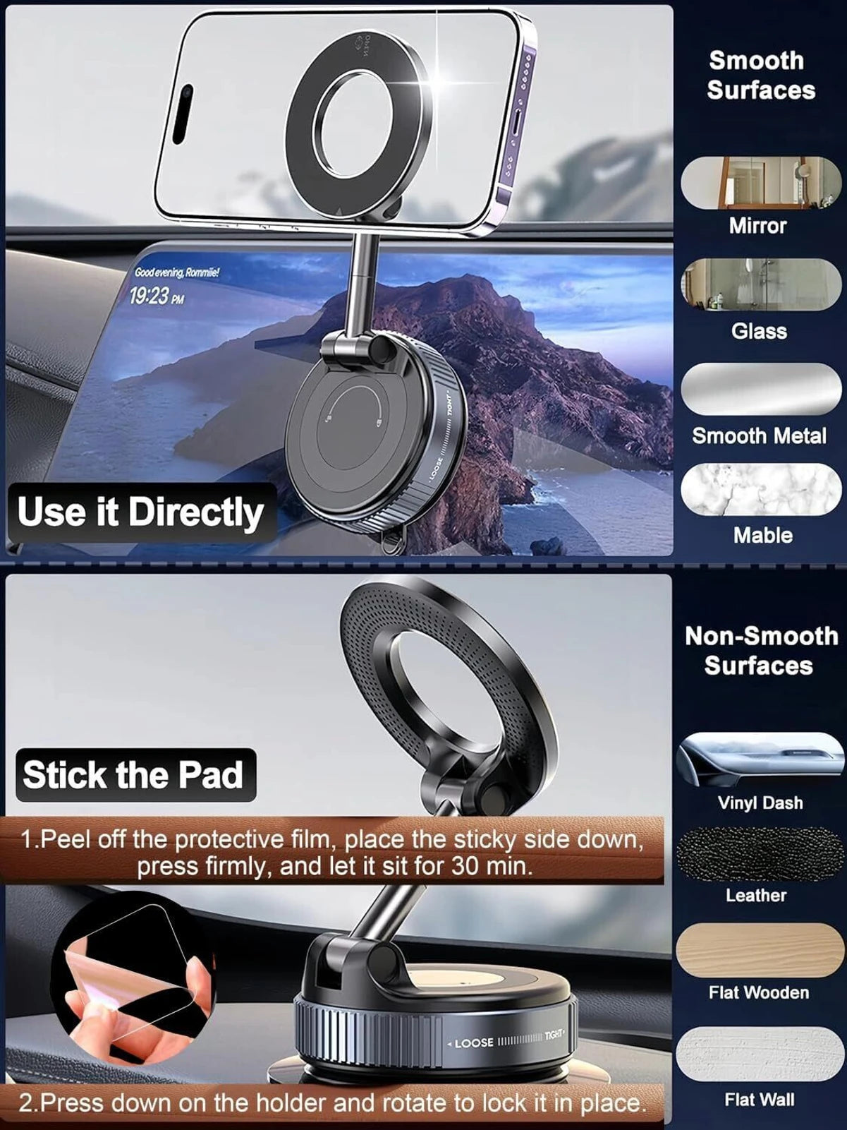 360° Magnetic Car Phone Holder with Vacuum Suction Base – Aluminium & Plastic