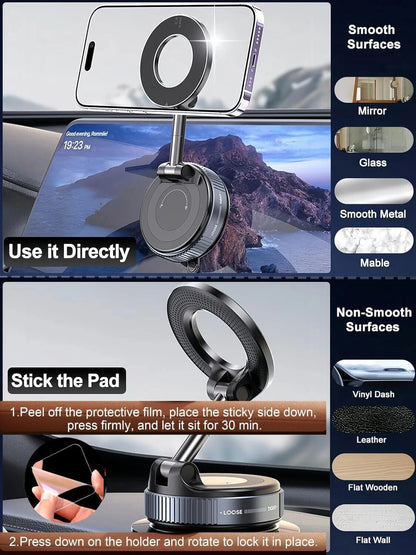 360° Magnetic Car Phone Holder with Vacuum Suction Base – Aluminium & Plastic